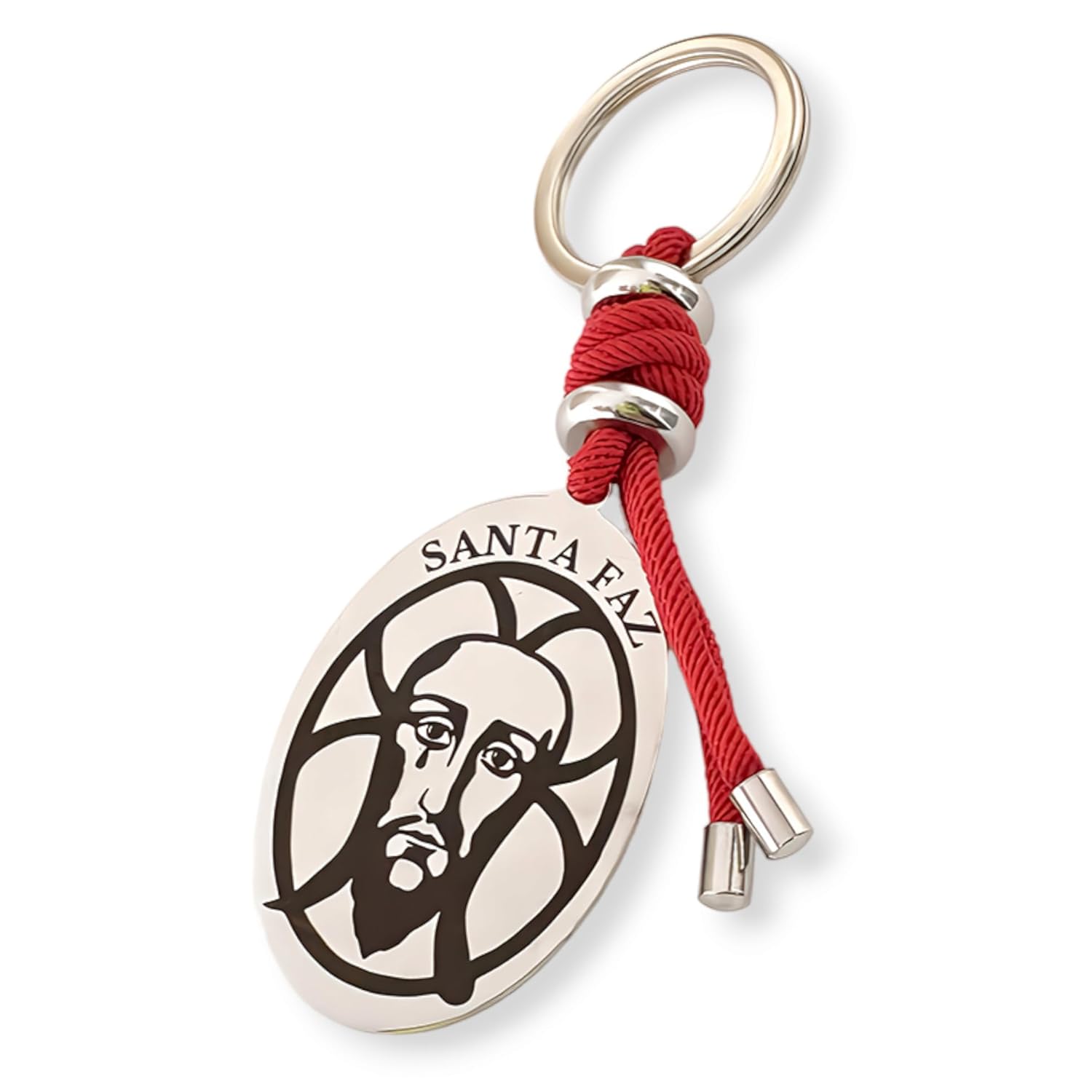 Llavero-Santa-Faz-Oval-acero-inoxidable-cordon-rojo